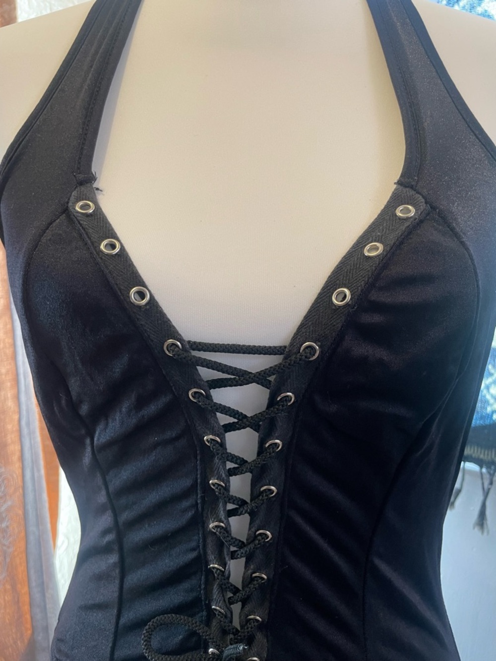SOLD Vintage 90’s Frederick's of Hollywood Black Lace-Up Halter gothic bodysuit